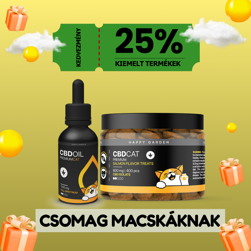 A Sportcsomag - CBG & CBD Kombináció az Aktív Életért csomag promóciós képe, amely teljes spektrumú CBD és CBG olajokkal, rajzfilmmacskákkal, ajándékdobozokkal, 25% kedvezményes bannerrel és sárga háttérrel. Szöveg magyarul.