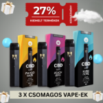 Three Happy Garden CBN + CBD + CBG olaj (30ml - 4000mg) prémium alvástámogató nyugtató olajok állnak elegáns fekete csomagolásban. Fent piros banner: 27% kiemelt termékek kedvezmény, körülöttük ajándék ikonok és kék lufik díszítenek.