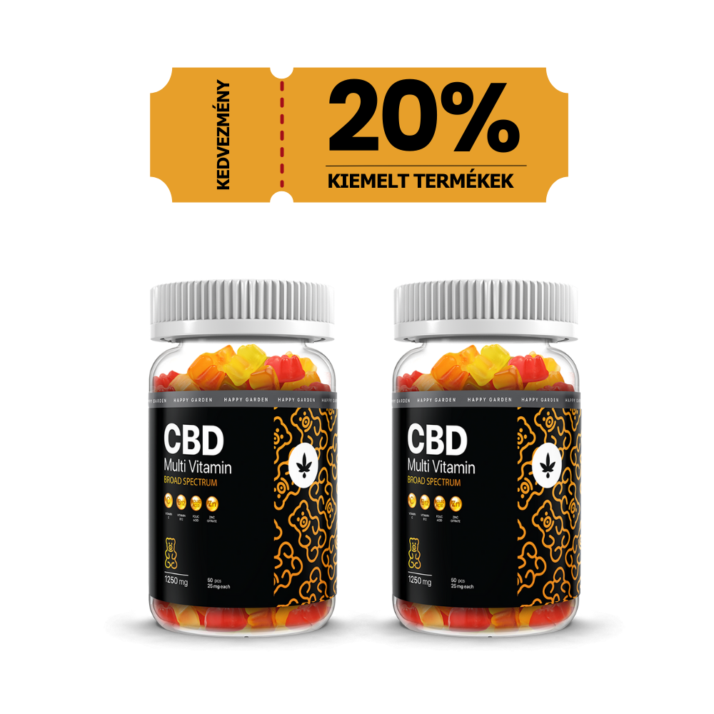 Egy üveg 3XHappy Garden CBN + CBD + CBG olaj (30ml - 4000 mg) - Prémium alvástámogató nyugtató olaj látható egy narancssárga banner alatt, amelyen a "20% kedvezmény kiemelt termékek" felirat szerepel, kiemelve a 20%-os kedvezményt a kiemelt CBD Europe termékekre.
