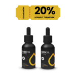 Két fekete cseppentős üvegben a 3XHappy Garden CBN + CBD + CBG olaj (30ml - 4000 mg) - Prémium alvástámogató nyugtató olaj feliratú, "20% Kiemelt Termékek" feliratú sárga címke alatt 20% kedvezményt kínálnak a kiválasztott teljes spektrumú termékekre.