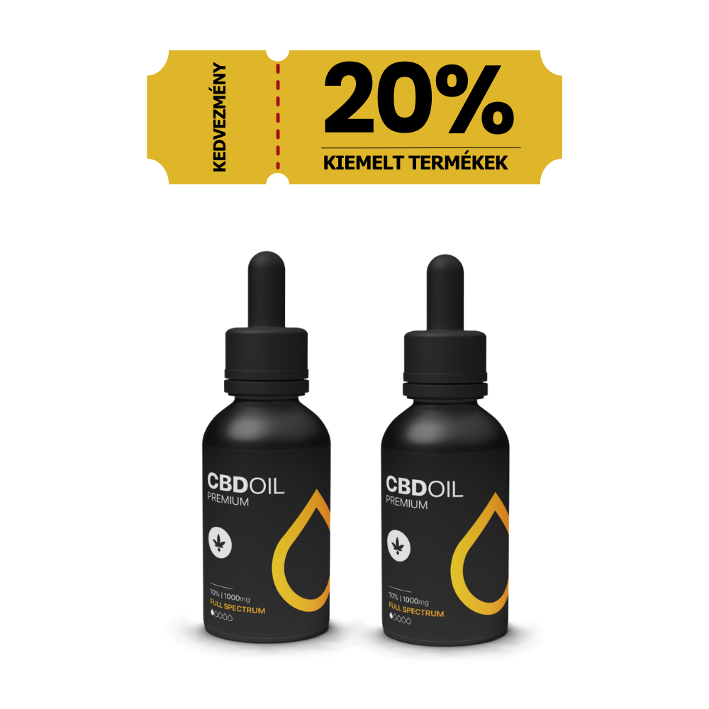 Két fekete cseppentős üvegben a 3XHappy Garden CBN + CBD + CBG olaj (30ml - 4000 mg) - Prémium alvástámogató nyugtató olaj feliratú, "20% Kiemelt Termékek" feliratú sárga címke alatt 20% kedvezményt kínálnak a kiválasztott teljes spektrumú termékekre.
