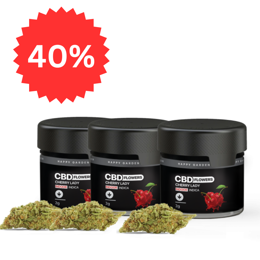 Három üveg 3XHappy Garden CBN + CBD + CBG olaj (30ml - 4000 mg) van kiállítva a kenderrügyek előtt, felettük egy nagy piros csillaggal "40%", kiemelve a CBD Europe egyik legjobb eladását.