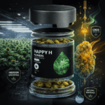 A Happy H - White Widow | Prémium CBDX Virág - Sativa 2 gr nyitott üvegében rügyek láthatók. A bal oldali háttér egy beltéri termesztőfarmot mutat, míg a jobb oldali a természetes terpéneket és a CBDX infúziót emeli ki.