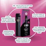 A CBD Vape - Peach Ring ízű párologtató (550mg, 1ml) és doboza látható. Magyar buborékok: teljes spektrumú CBD olaj, nincs THC vagy nikotin, könnyen használható, tartós technológia.