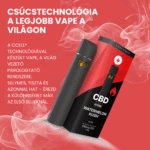 A fekete vape toll és a piros-fekete CBD Vape - Watermelon Kush ízű párologtató (550mg, 1ml) doboza fehér füsttel, textgel és prémium minőséggel, piros háttéren.