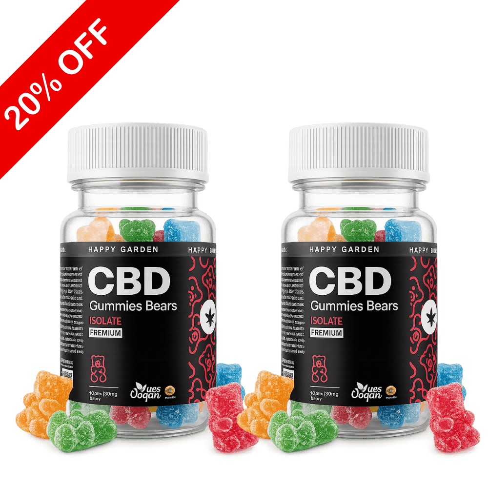 Két üveg Mini 2X CBD Izolátum & C vitaminos gumicukor - 60mg | 20db színes gumicukorral körülvéve. Mindkettő fekete címkével és átlátszó fedéllel rendelkezik. A bal felső részen egy piros bannerben 20% OFF olvasható. Tartalmaz teljes spektrumú CBD olajat.