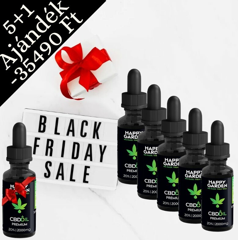 Hat üveg Happy Garden CBD-olaj, egy piros szalaggal ellátott díszdoboz, valamint egy fehér háttéren lévő BLACK FRIDAY SALE feliratú lightbox felirat. A bannerre magyarul az van írva: 5+1 Ajándék - €90.