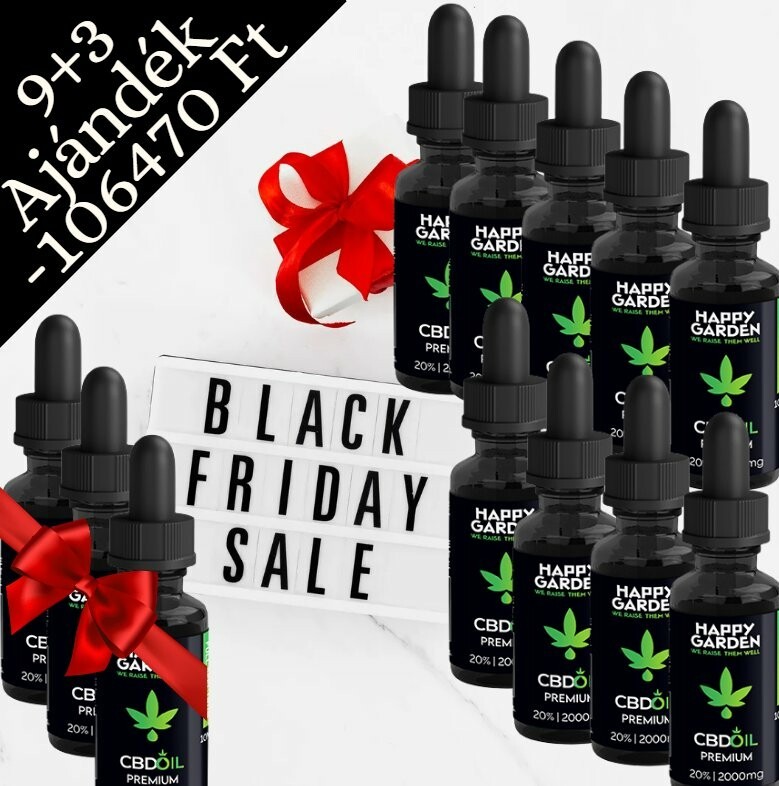 Tíz üveg Happy Garden CBD-olaj van elhelyezve egy fénydobozos tábla köré, amelyen a Black Friday Sale felirat olvasható. Néhány palackot piros masnik díszítenek. A magyar nyelvű szöveg CBD olaj vásárlás, 9+3 ajándék és -€270 kedvezményt hirdet.