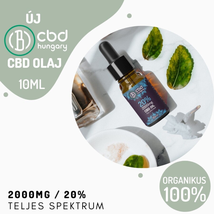 Egy üveg CBD Europe 20% Teljes Spektrumú CBD olaj (10ml-2000mg) cseppentővel egy fehér tányéron ül, zöld levelekkel és egy tál sóval körülvéve. A szöveg kiemeli a 10ml, 2000mg/20% és az Organikus 100%-ot.