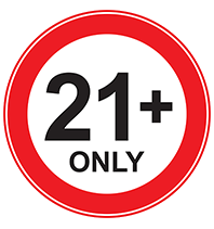 Piros szegéllyel és fehér háttérrel ellátott kör alakú tábla, amelyen fekete vastag betűkkel 21+ ONLY felirat szerepel, jelezve a 21 éves vagy annál idősebb korhatárt.