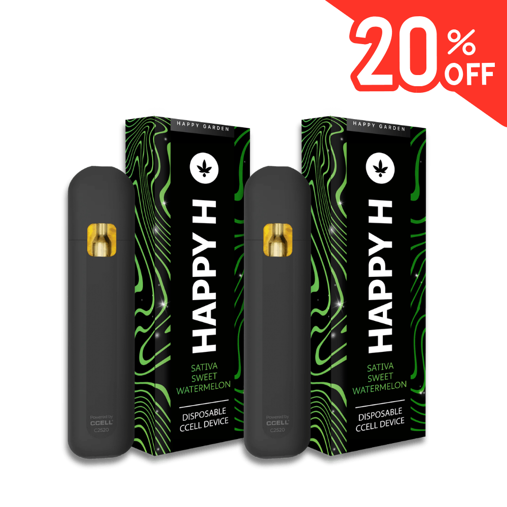 Két fekete 2x Happy H Sweet Watermelon | CBDX Premium Vape - Sativa 1ml készülék van a megfelelő zöld és fekete dobozok előtt. A jobb felső sarokban egy piros "20% OFF" felirat jelenik meg.