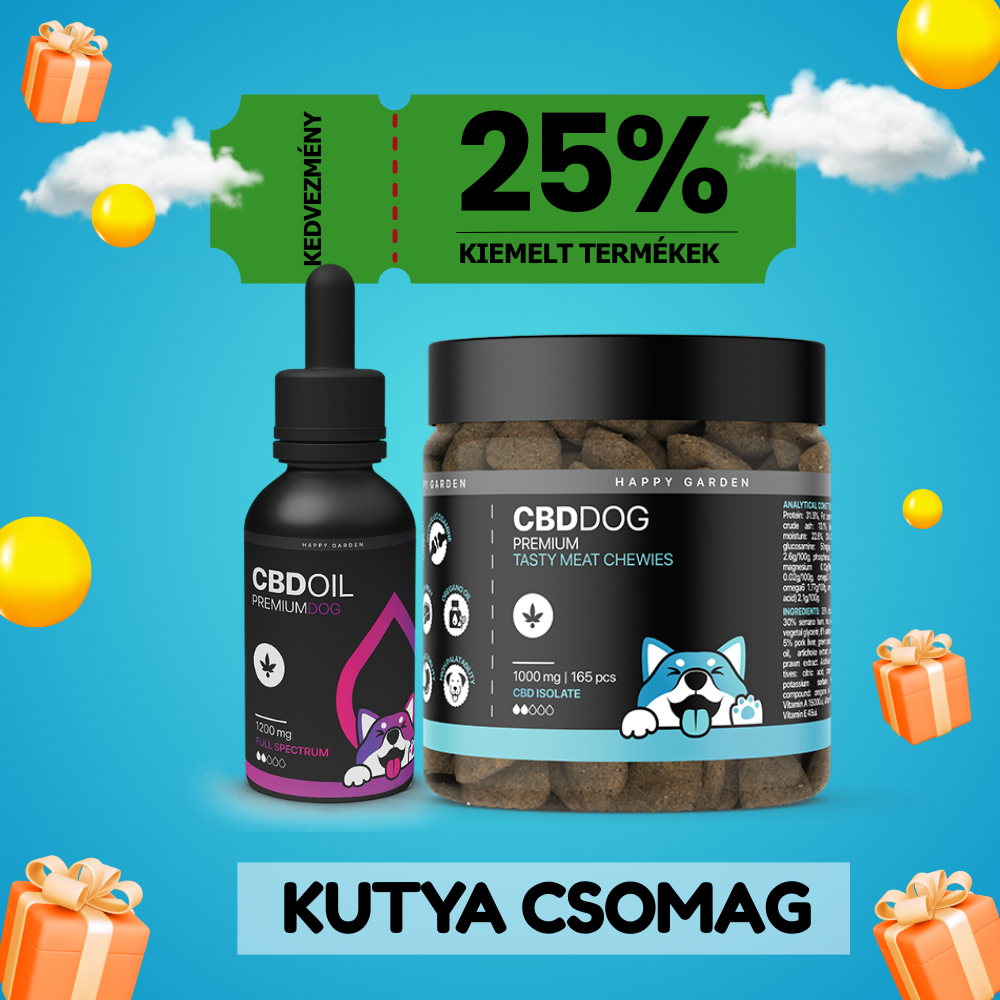 A kék, felhőkkel teli háttéren sárga lufikkal és ajándékdobozokkal a "Csomag kutyáknak - Teljes spektrumú CBD olaj + ízletes CBD jutalomfalatok". Zöld felső banner: 25% kedvezmény kiemelt termékek. Alul: KUTYA CSOMAG. Fedezze fel a CBD Europe!.