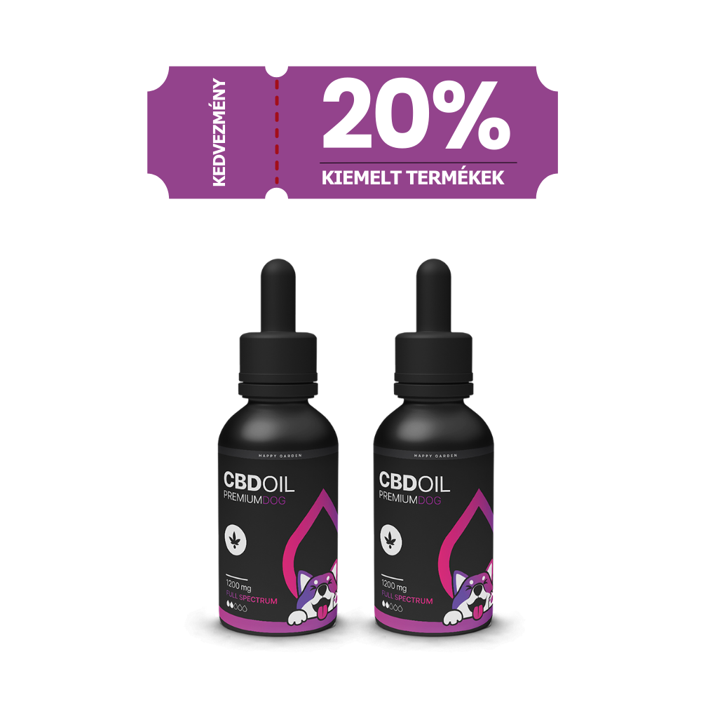 Két üveg 3XHappy Garden CBN + CBD + CBG olaj (30ml - 4000 mg) ül egy lila 20%-os kedvezményes banner alatt. Az üvegeken rajzolt kutyapofák és egyértelmű címkézés található - tökéletes prémium alvástámogató nyugtató olajként a european háziállatok számára.