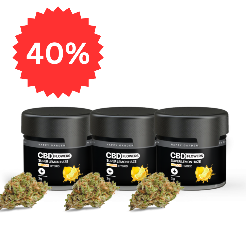 Három üveg 3XHappy Garden CBN + CBD + CBG olaj (30ml - 4000 mg) - Prémium alvástámogató nyugtató olaj feliratú üveg fehér alapon. A bal felső sarokban egy nagy piros jelvény mutatja a 40%-ot.