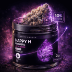 A Happy H - White Widow Premium CBDX Flower egy szativa kannabisz termék 2 g-os üvegben. Címkéje kiemeli a "Premium" és a "CBDX" feliratot, izzó lila háttér előtt, hogy kiemelje a terméket.