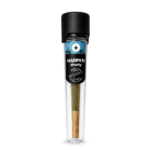 Egy „Happy H Shorty – Pineapple Express | CBDX-vel dúsított előre sodort cigaretta, 1 g” feliratú, előre sodort cigaretta, amely egy fekete kupakos, átlátszó műanyag csőben található. A címkén kék mintázat, egy kannabiszlevél-szimbólum és a „SATIVA” felirat látható. A cigaretta végén a „RAW” felirat szerepel.