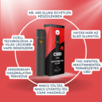 Egy fekete CBD Vape - Watermelon Kush ízű párologtató (550mg, 1ml) piros-fekete csomagolásban látható. Kiemelendő a prémium, teljes spektrumú olaj, 400 puff, töltés nélkül, természetes CBD és THC-mentes tulajdonságok.