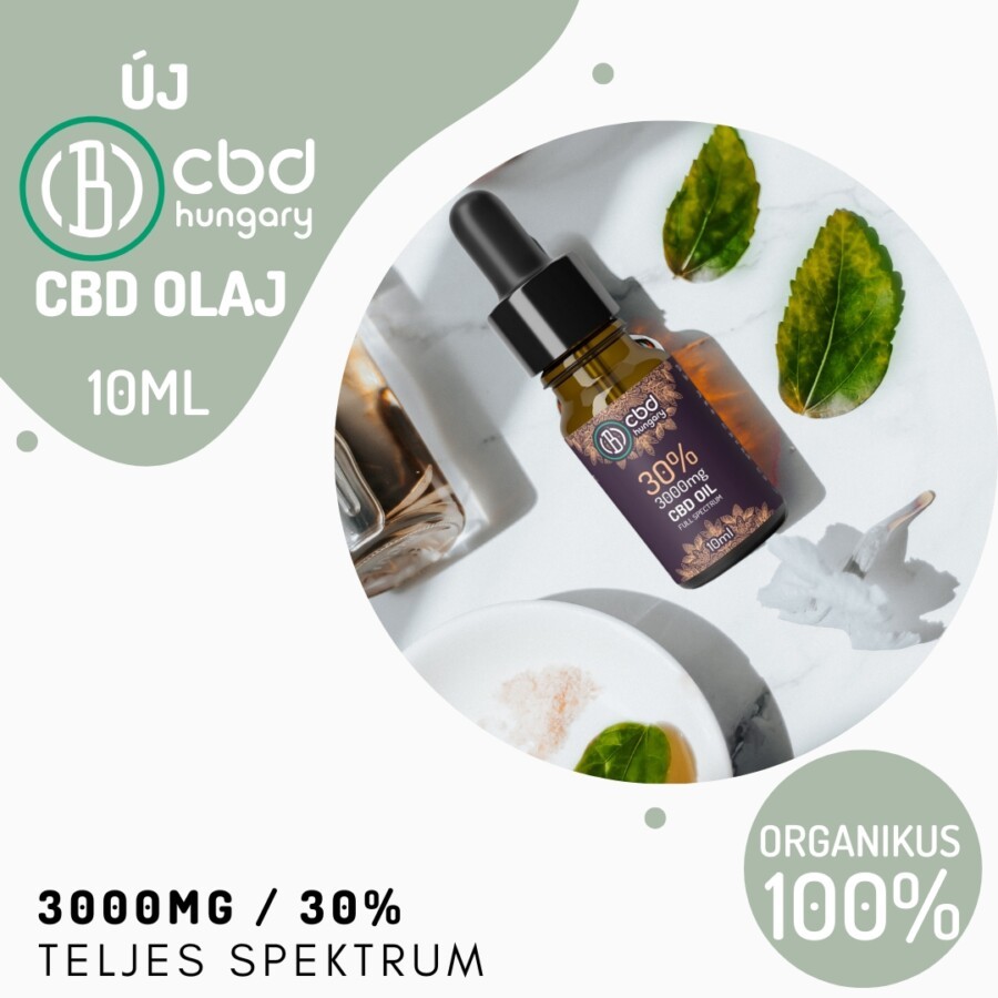 Egy üveg CBD Europe 30% Teljes Spektrumú CBD olaj (10ml-3000mg) cseppentővel egy fehér felületen ül zöld levelek, egy pohár és só mellett. Szöveg: Új organikus 100% teljes spektrumú CBD olaj 10ml - 3000mg/30%.