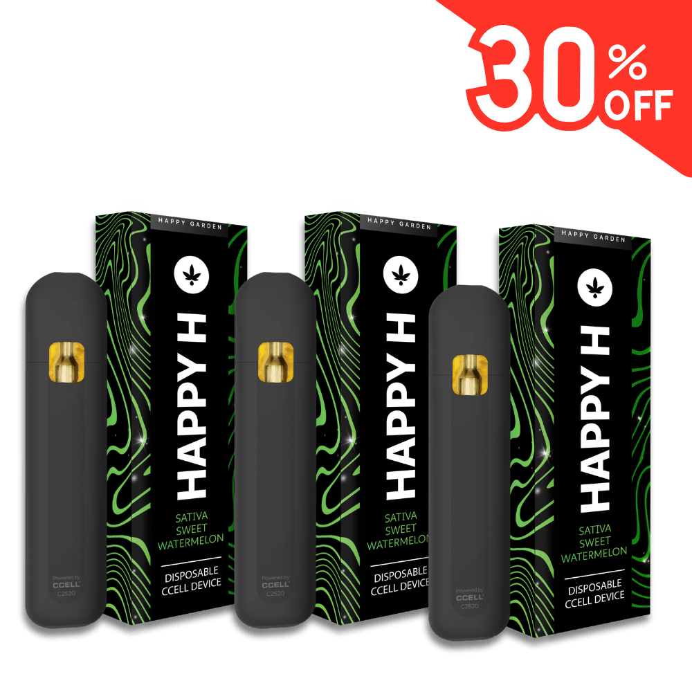 Három fekete, eldobható CBDX Premium Vape készülék (Sativa, Sweet Watermelon) látható a hozzá illő fekete és zöld "Happy" feliratú dobozokkal. A sarokban egy piros banner 30% OFF-ot hirdet.