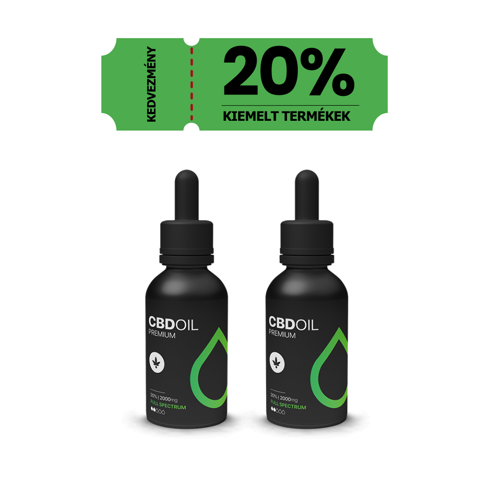 Két fekete cseppentős üveg 3XHappy Garden CBN + CBD + CBG olaj (30ml - 4000 mg) feliratú, zöld, jegy alakú címke alatt látható, amelyen 20% Kiemelt Termékek Kedvezmény a CBD Europetól.