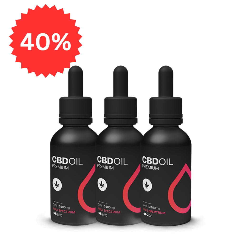 Három fekete üveg 3XHappy Garden CBN + CBD + CBG olaj (30ml - 4000 mg) - Prémium alvástámogató nyugtató olaj cseppentős kupakkal sorakozik. A bal felső sarokban lévő piros csillagszóró a kedvezményt jelző "40%" feliratot jeleníti meg egyszínű fehér háttér előtt.