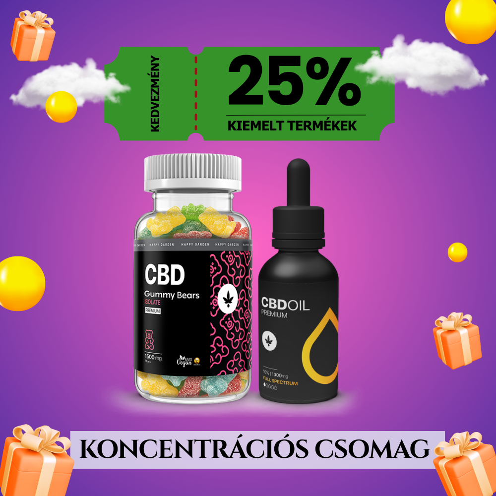 Lila háttéren a "Koncentrációs csomag - CBD olaj és multivitaminos gumicukor a fókusz és mentális egyensúly támogatásáért" felirat látható "25% kedvezmény kiemelt termékek" és játékos felhők, lufik, ajándékdobozok.