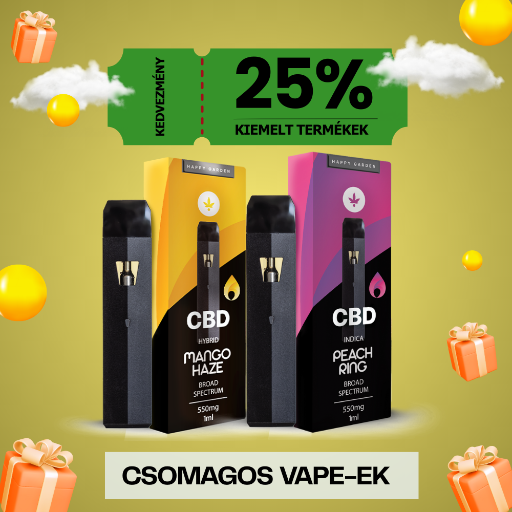 A "Csomagos Vape-ek - Két íz, egy cél: gyors és diszkrét stresszoldás" termékek állnak színes dobozban, zöld 25% kedvezmény bannerrel. Sárga háttér, text és ajándék ikonok emelik ki a CBD Europe teljes spektrumú minőségét.