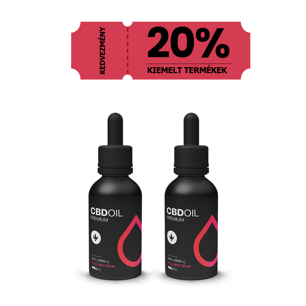 Két fekete cseppentős üveg, 3XHappy Garden CBN + CBD + CBG olaj (30ml - 4000 mg) - Prémium alvástámogató nyugtató olaj felirattal, egy rózsaszínű "20% Kiemelt Termékek Kedvezmény" feliratú jegy alatt ül, amely 20% kedvezményt mutat a kiválasztott termékekre.