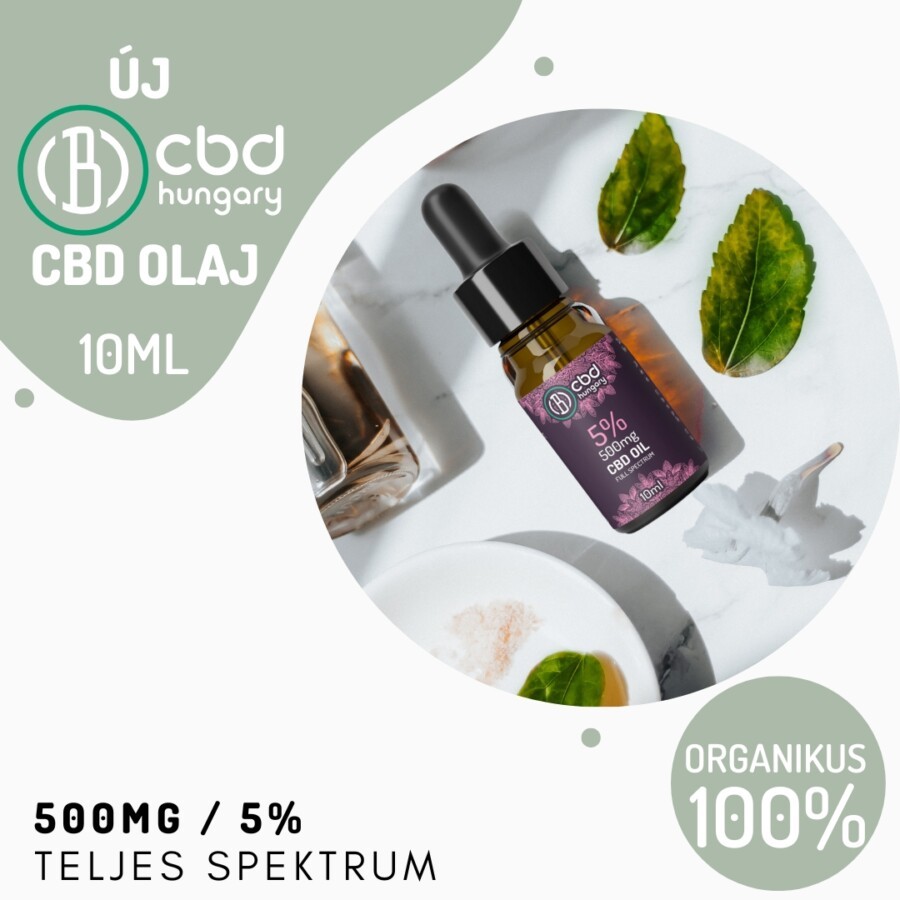 Egy 10ml-es üveg CBD Europe DUO Csomag 5% Teljes Spektrumú CBD olaj (500mg) cseppentővel egy fehér felületen, zöld levelek és egy tál só mellett. A címke a 100%-ban organikus összetevőket és a teljes spektrumú formulát mutatja be.