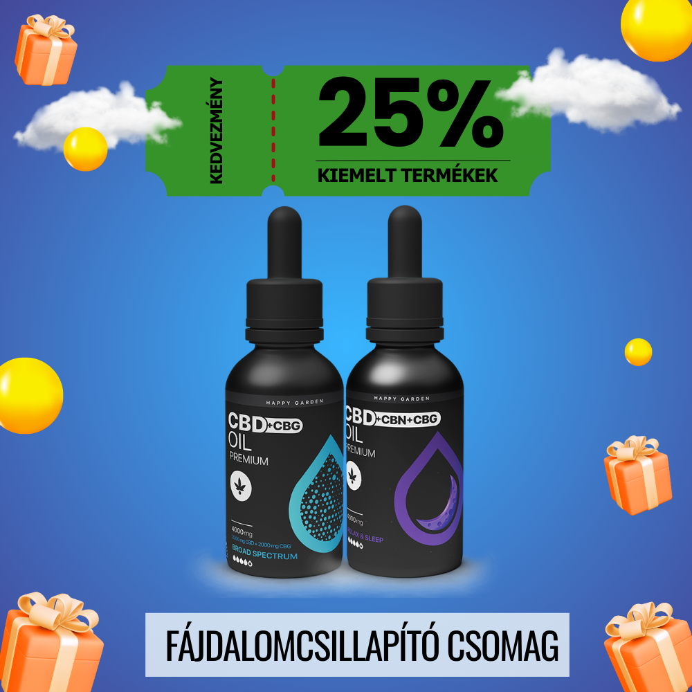 Kék háttéren felhők, léggömbök és ajándékok között két Fájdalomcsillapító csomag palack áll cseppentővel. Felette zöld banner: "25% kedvezmény kiemelt termékek" a kettős kannabinoid-hatás a fájdalom és feszültség ellen.