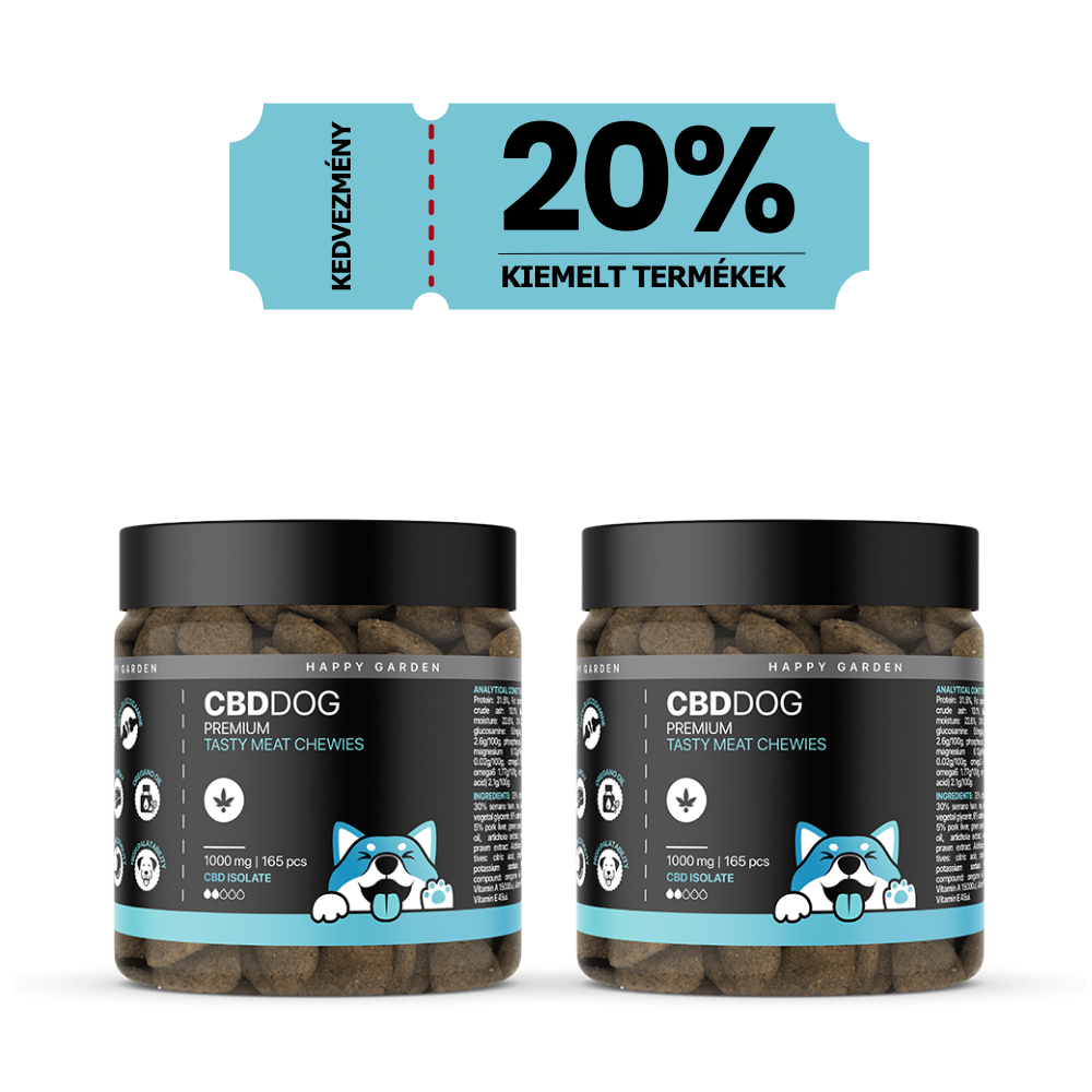 Két üveg 3XHappy Garden CBN + CBD + CBG olaj (30ml, 4000 mg) - Prémium alvástámogató nyugtató olaj, egymás mellett. Felettük egy kék színű, magyar nyelvű banner 20% kedvezményt kínál a kiválasztott CBD Europe termékekre.