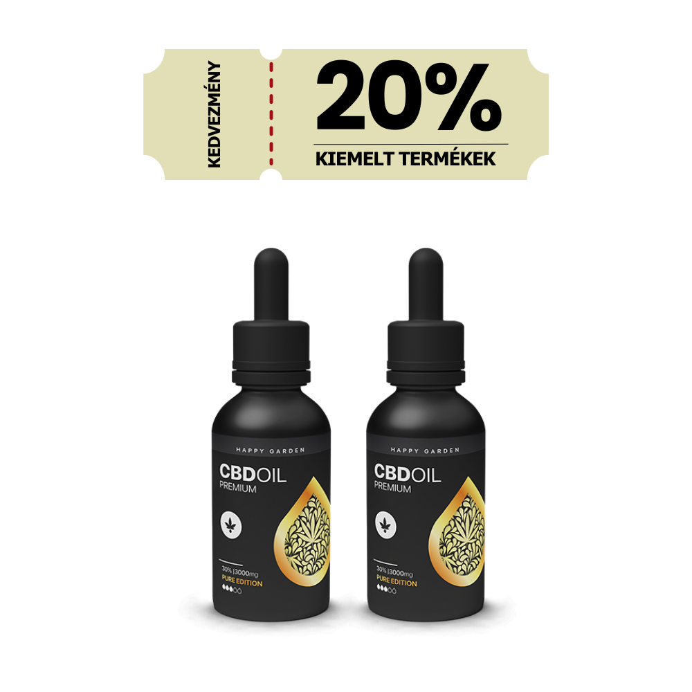 Két fekete, 3XHappy Garden CBN + CBD + CBG olaj (30ml - 4000 mg) - Prémium alvástámogató nyugtató olaj feliratú üveg látható egy 20% KEDVEZMÉNY KIEMELT TERMÉKEK feliratú kupon banner alatt, amely kiemeli a 20%-os kedvezményt.