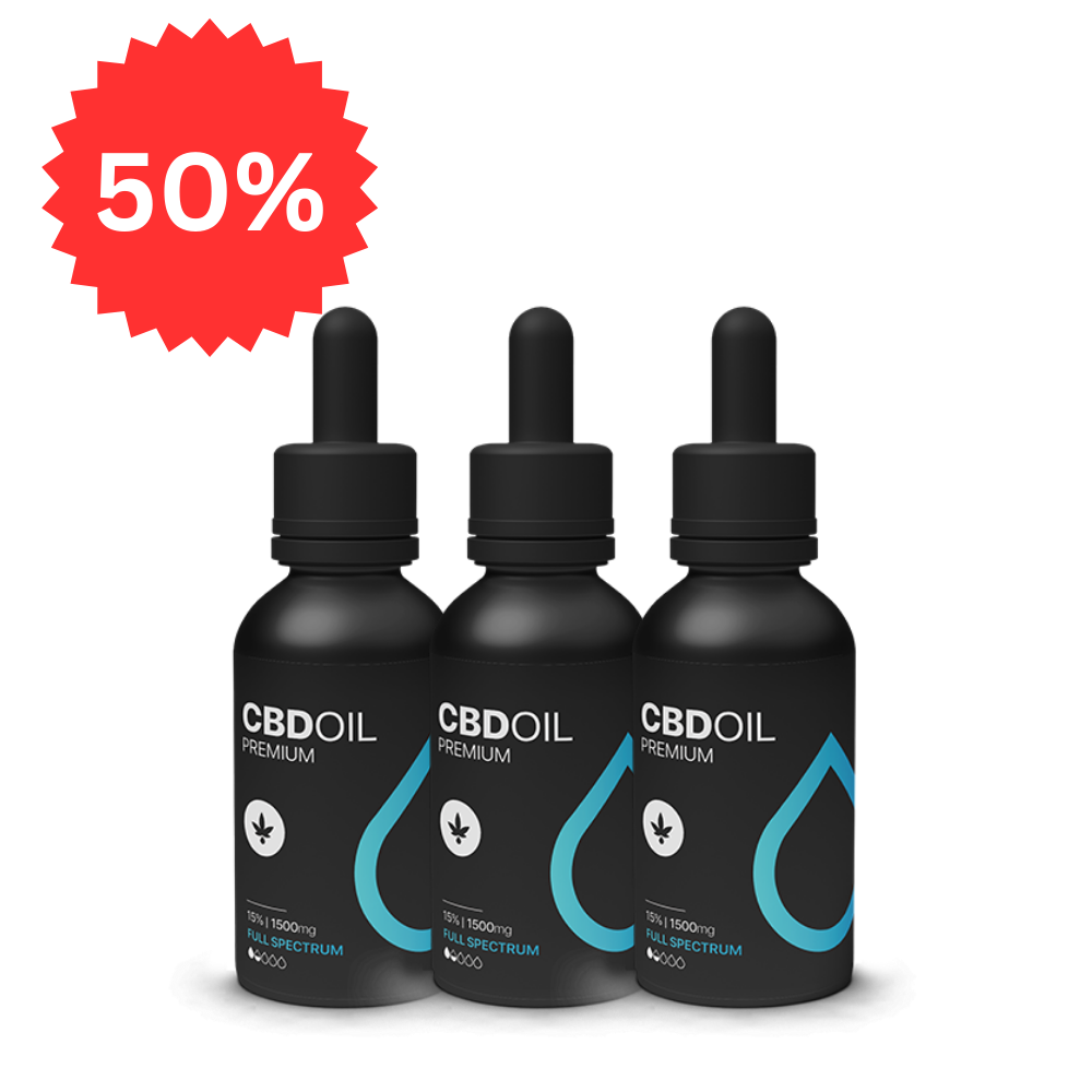 Három fekete cseppentős üveg "3XHappy Garden CBN + CBD + CBG olaj (30ml - 4000 mg) - Prémium alvástámogató nyugtató olaj" felirattal. A piros csillagszórón 50%-os kedvezmény olvasható, kiemelve a european CBD olajat akciót. Fehér háttér.