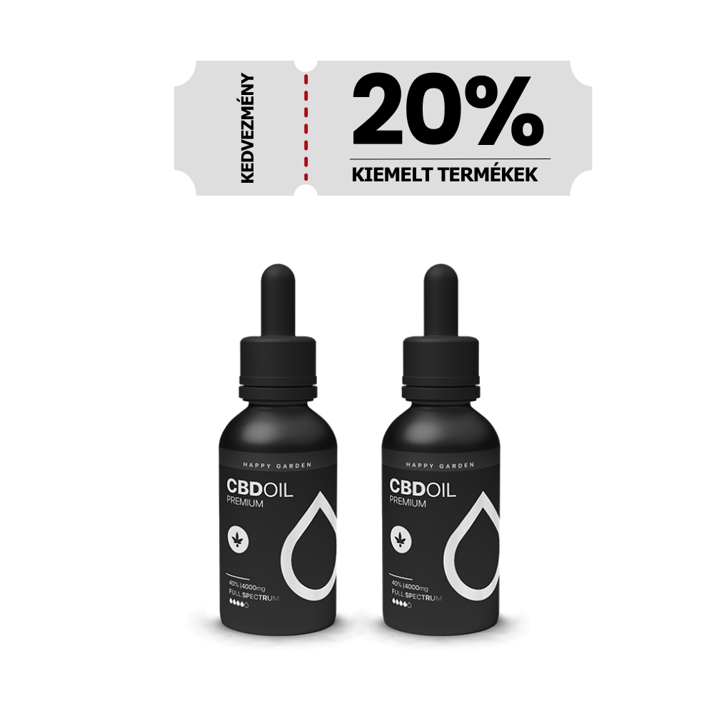 Két fekete cseppentős üveg 3XHappy Garden CBN + CBD + CBG olaj (30ml - 4000 mg) 20%-os Kedvezmény címkével látható, kiemelve ezt a prémium alvástámogató nyugtató olajat, mint kiemelt terméket a CBD Europe-nél.