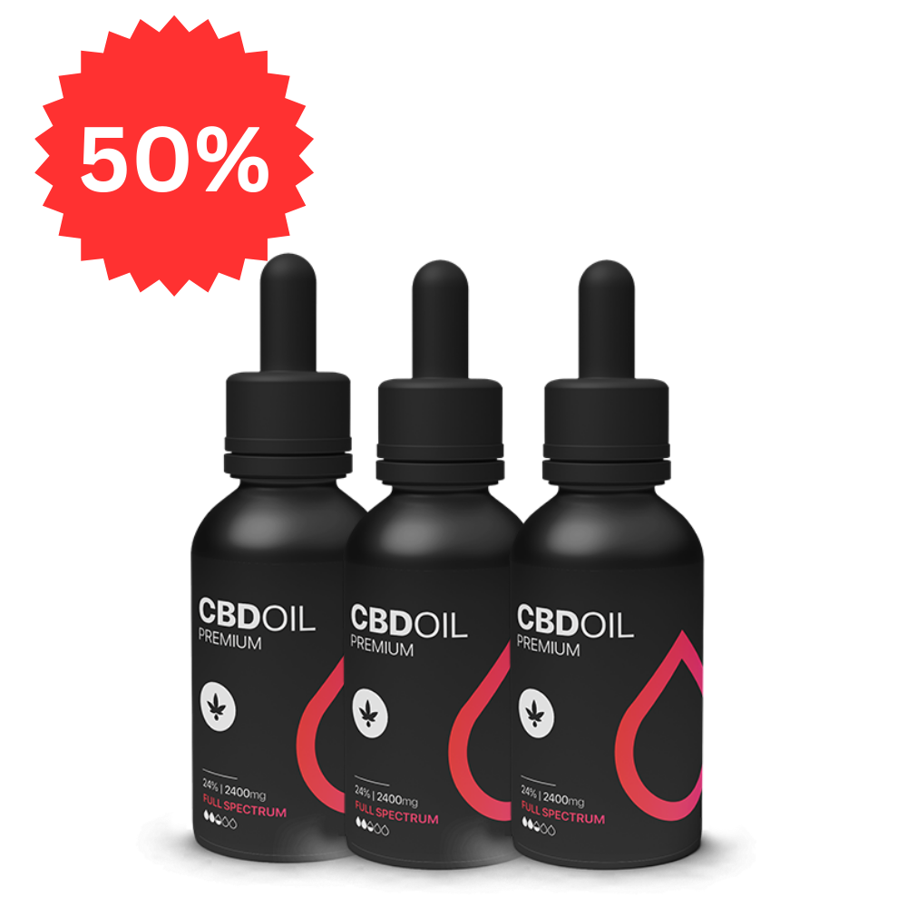 Három fekete üveg 3XHappy Garden CBN + CBD + CBG olaj (30ml - 4000 mg) - Prémium alvástámogató nyugtató olaj egymás mellett. A bal felső sarokban lévő piros csillagszóró az 50%-os kedvezményt jelzi. A fehér háttér kiemeli a CBD Europe legjobbjait.