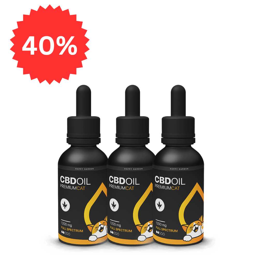 Három fekete cseppentős üveg "3XTeljes spektrumú CBD olaj macskáknak - Lazac ízű | 1200mg | 30ml" feliratú, macska és kenderlevél látható. A CBD Europe által 40%-os piros csillagszóró kiemeli a lazac ízű, teljes spektrumú formula kedvezményét.