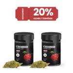 Két 3XHappy Garden CBN + CBD + CBG olaj (30ml - 4000 mg) prémium alvástámogató nyugtató üveg, előttük cseppentő. Fent piros magyar felirat: 20% kedvezmény kiválasztott termékekre.