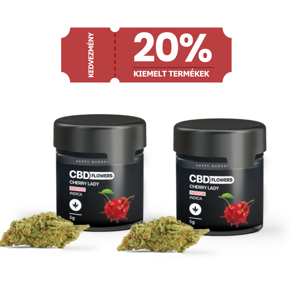 Egy üveg 3XHappy Garden CBN + CBD + CBG olaj (30ml - 4000 mg) - Prémium alvástámogató nyugtató olaj, piros "Kedvezmény 20% Kiemelt Termékek" bannerrel kiemelve, bemutatja a CBD Europe teljes spektrumú termékeit és különleges kedvezményeit.