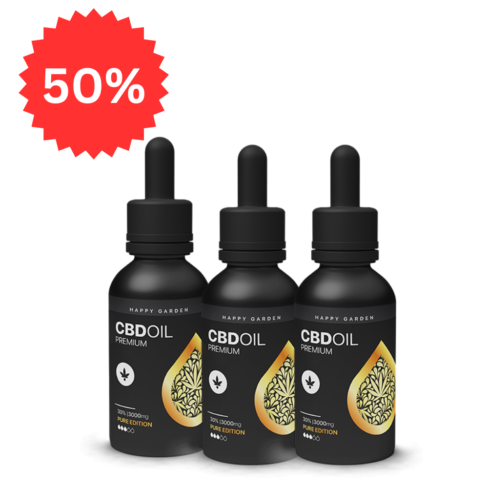Három fekete cseppentős üveg "3XHappy Garden CBN + CBD + CBG olaj (30ml - 4000 mg) - Prémium alvástámogató nyugtató olaj" feliratú, arany ékezetekkel ellátott, fehér alapon három fekete cseppentős üveg látható. A bal felső sarokban lévő piros jelvény 50%-os kedvezményt mutat.