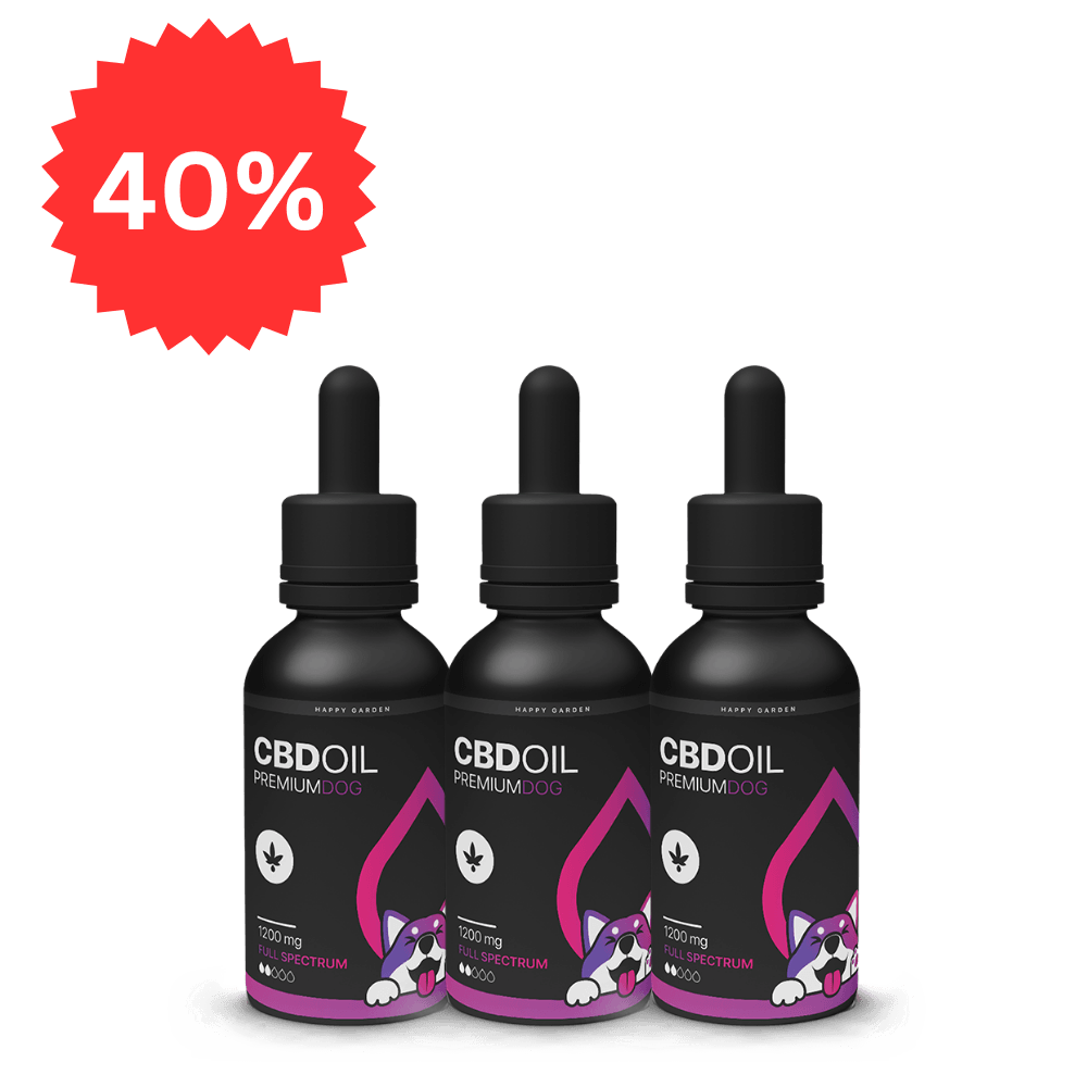 Három üveg 3XCBD Olaj kutyáknak - teljes spektrumú, szalonna ízesítéssel (1200mg, 30ml), rajzolt kutyás címkékkel és piros "40%" kedvezményes betűvel a CBD Europe vásárlóinak.
