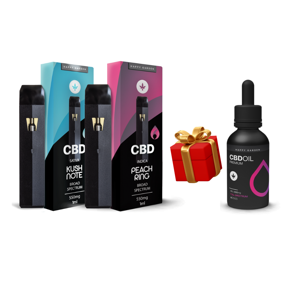 Three Vape-ek prémium CBD vape toll két ízzel, egy 5% teljes spektrumú, természetes CBD olaj (10ml - 500 mg), és egy piros ajándékdoboz arany szalaggal látható fehér háttéren. Ideális választás stresszoldáshoz – Europe.