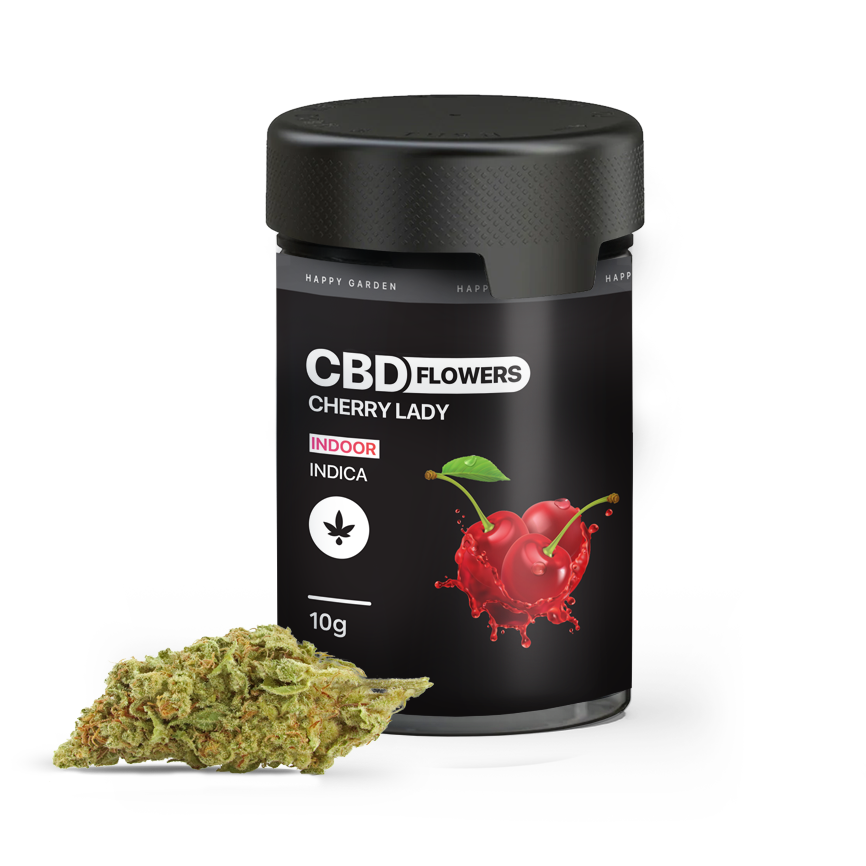 A "Cherry Lady - CBD virágok 10g | Indica" feliratú prémium fekete tégelyen cseresznye, Indica szöveg és egy kannabiszlevél ikon látható. Elöl egy szárított kannabiszvirág bimbó pihen. A 10g-os üveg a CBD Europeról származik.