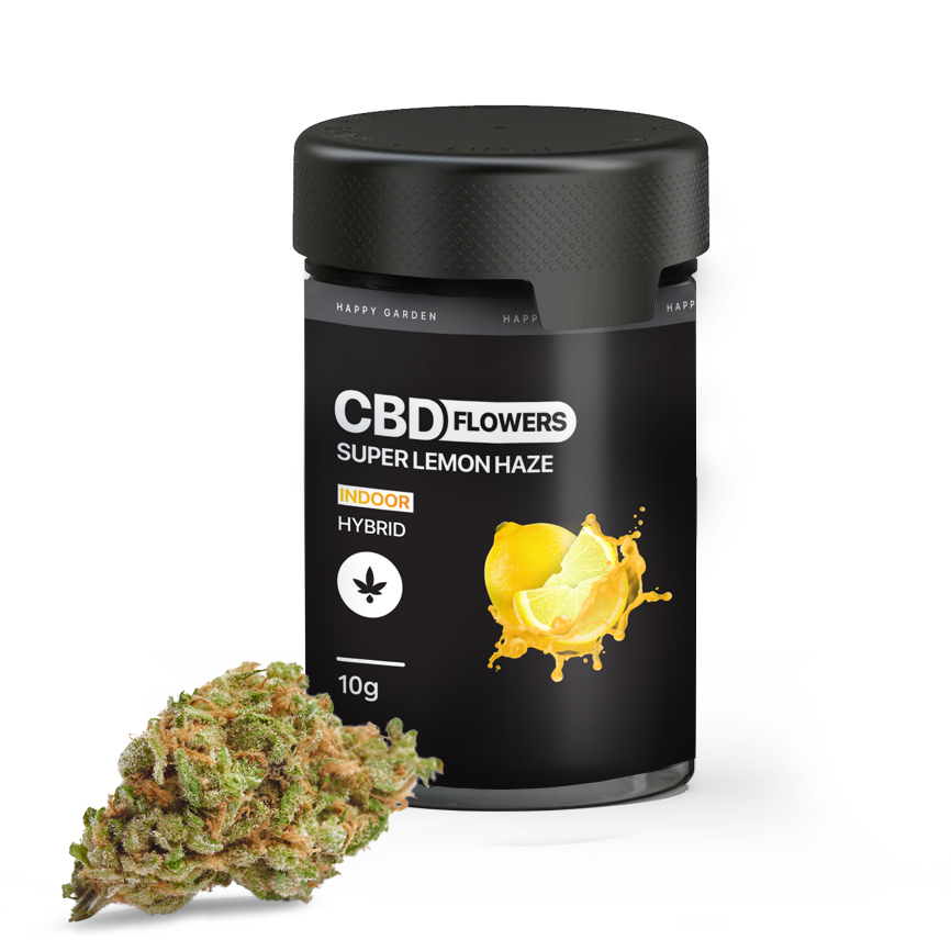 A prémium, fekete Super Lemon Haze - CBD virágok 10g | Hybrid feliratú üveg citromgrafikával prémium beltéri termesztésből származó, trichómás kannabisz rügyek mellett látható, teljes spektrumú CBD olajra utalva.