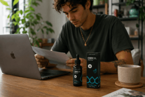 Egy személy egy faasztalnál ül egy laptop mellett, és egy dokumentumot olvas. Előtte egy csésze, egy üveg és egy doboz van, amelyen a "CBD OIL PREMIUM" felirat áll. A környezet egy hangulatos, jól megvilágított otthonnak tűnik.