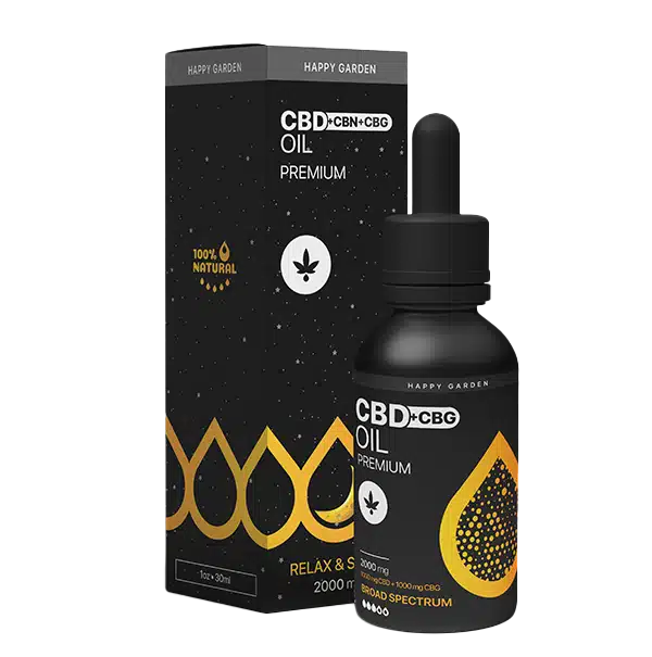 Fekete-arany doboz és cseppentős üveg Happy Garden CBG & CBD olaj 2000 mg (30ml - 1000 mg CBG + 1000 mg CBD) MCT olajjal feliratú, cseppes kialakítású, széles spektrumú formula és "100% természetes összetevők" szöveggel.