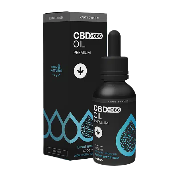 Fekete doboz és cseppentős üveg kék ékezetekkel, "Happy Garden CBG + CBD olaj (30ml - 4000 mg) - Erőteljes teljesítmény MCT olajjal" felirattal, cseppentős mintákkal és kiemelve a széles spektrumú, 4000 mg-os és 100%-ban természetes összetevőket.