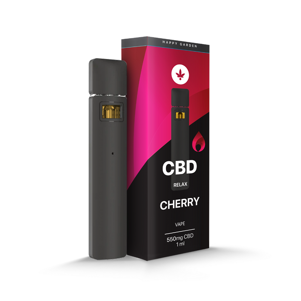 A prémium CBD Vape - Cherry ízű párologtató (550mg, 1ml) fekete toll a hozzá tartozó doboz mellett áll, piros-fekete dizájnnal, stilizált levél és csepp grafikával. Ideális választás CBD Europe rajongóknak.