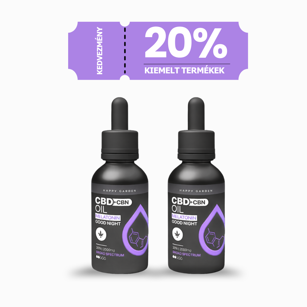 Két üveg 2 X Happy Garden 20% CBD + CBN + Melatonin Olaj (10ml - 2000mg) MCT olajjal társítva, Jó éjt felirattal egymás mellett, felette egy lila banner, amely 20% kedvezményt kínál a kiemelt termékekre magyar nyelven.