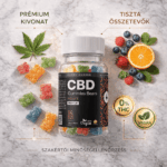 Egy üveg Mini CBD Izolátum & C vitaminos gumicukor - 300mg | 10db színes gumicukor, kenderlevél, bogyók és narancs szelet között ül. Vegán és 0% THC szimbólumok emelik ki tiszta összetevőit textgel.