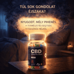 Egy izzó üveg Mini CBD Izolátum & C vitaminos gumicukor - 300mg | 10db egy éjjeliszekrényen ül egy hangulatos, félhomályos hálószobában. Varázslatos fény veszi körül, fölötte és mellette magyar nyelvű szöveg a békés alvásról.